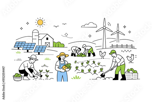 Sustainable rural farming community. Farmers working together in open fields with solar panels and wind turbines in the background. Harmony with nature, shared