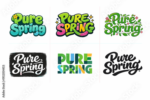 Pure Spring. Set lettering. harmonious lettering variations of the same emblematic concept, each with different artistic interpretation (Rounded bubble playful
