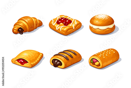 StuffedPastries. Isometric flat vector icons set of StuffedPastries: stuffed croissant, filled Danish pastry, cream stuffed bun, jam filled turnover, chocolate