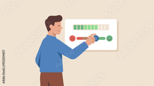 Vector illustration of a man using a slider bar to control his emotions, moving from sad to happy, representing mental health awareness, emotional intelligence, mood tracking, and self-care.