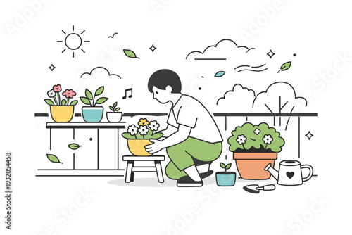Outdoor balcony gardening. A person arranging flower pots on a small balcony, gentle breeze and greenery around, soft petals or leaves floating, peaceful and