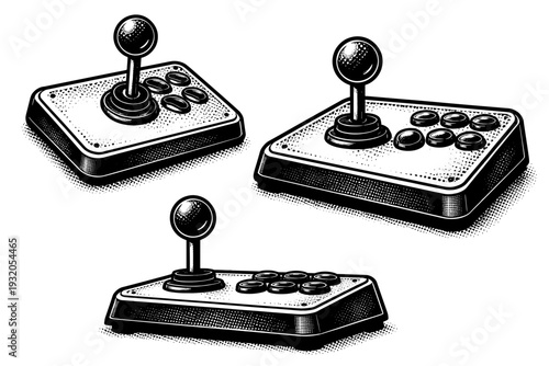 Joystick Controller ? Classic arcade joystick controller shown in top view, angled three-quarter view, and side profile, emphasizing stick height, base shape,
