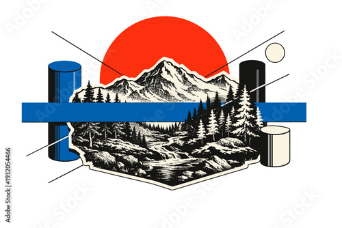 A black and white vintage illustration of a mountain landscape with pine trees, framed by an oversized red circle resembling a retro sun and sharp blue