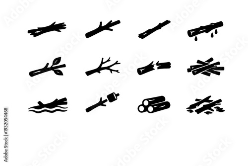 Stick Nature. Solid icon set of Stick Nature: fallen branch, forest stick, dry stick, wet stick, leafed stick, bare branch, snapped twig, pile of sticks, river