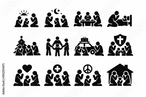 Family Prayer Moments. Solid icon set of Family Prayer Moments: morning family prayer, evening family prayer, meal blessing prayer, bedtime prayer, holiday