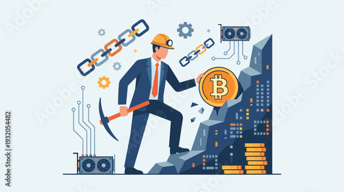 Concept of Bitcoin Mining and Cryptocurrency Flat Vector Illustration with Businessman Holding a Pickaxe Mining Digital Gold from a Blockchain Mountain with GPU Hardware and Circuitry