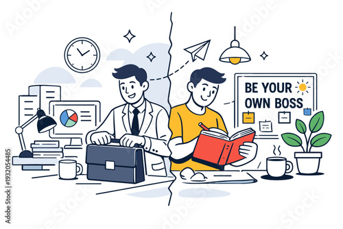 From corporate to freelance life. A split scene where a formal office desk fades into a cozy home workspace with plants and a flexible schedule board reading