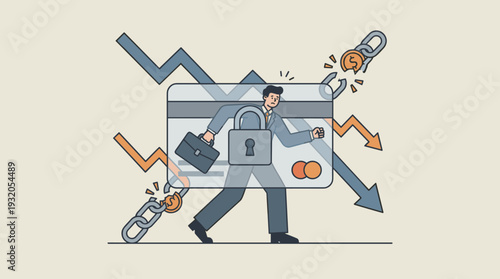 Businessman Trapped in Credit Card with Padlock Representing Debt Burden and Financial Crisis Concept, Economic Downturn with Downward Arrows and Broken Chains, Flat Vector Style Illustration