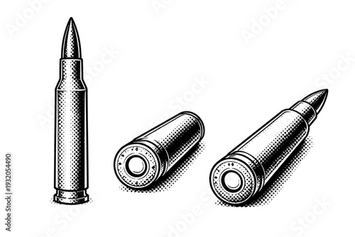 Rifle cartridge round shown upright side view, base view, and angled perspective, featuring brass casing, pointed bullet tip, and realistic proportional