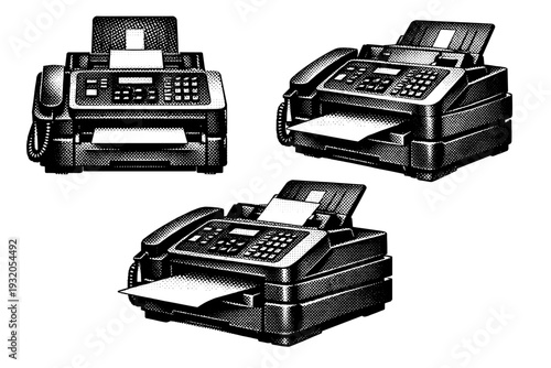 Fax machine ? multifunction fax printer. A realistic multifunction fax machine depicted as a single object in three views showing document feeder, output tray,