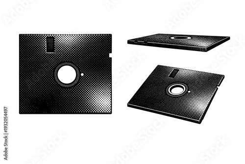 Floppy Disk ? .-inch diskette. A flexible .-inch floppy disk with thin square form and central hub opening, depicted as one consistent disk shown in three