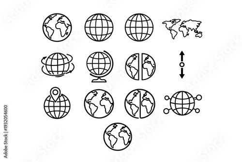 Earth Globe. Line icon set of Earth Globe: world globe, latitude lines, longitude lines, world map, rotating globe, globe stand, continents view, hemisphere