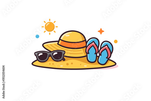 Summer sunshine represented by a cheerful sun hat, sunglasses, and flip-flops resting on golden sand, symbolizing holiday fun, carefree vibes, and sunny