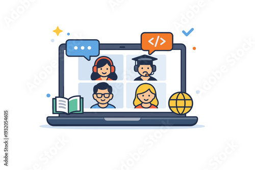 Online coding bootcamp experience connecting students worldwide in a virtual classroom. A laptop screen with small user avatars and chat bubbles suggests