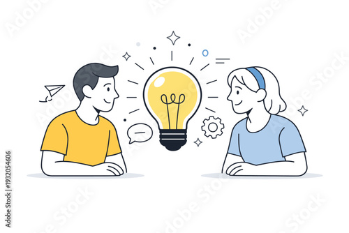 Light bulb idea metaphor in teamwork. Two people looking at a shared light bulb between them. Collaborative thinking, shared insight, and mutual understanding.