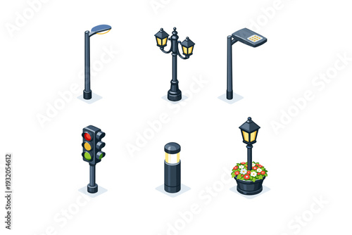 streetlights. Isometric flat vector icons set of streetlights: modern lamp post, vintage lantern, LED streetlight, traffic light, sidewalk light, lamp with