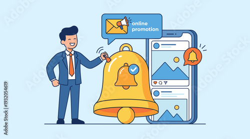 Businessman Ringing a Large Golden Notification Bell for Online Promotion and Social Media Marketing, Featuring Smartphone Push Notifications, Subscription Alerts, and Digital Advertising Concept.
