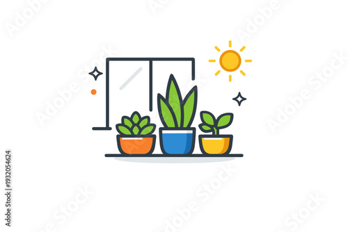 Urban home greenery portrayed as compact potted plants near a window outline and sun icon, suggesting natural light mindful care and everyday