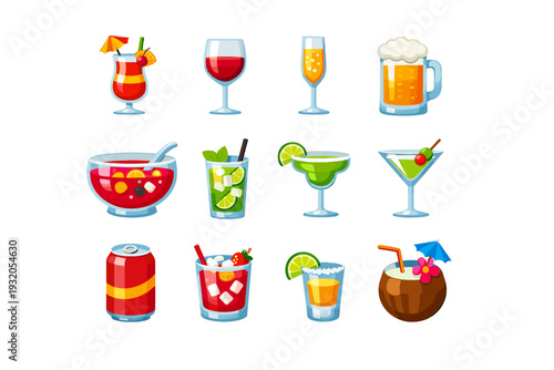 PartyDrinks. Colorful flat vector icons set of drinks: cocktail, wine glass, champagne flute, beer mug, punch bowl, mojito, margarita, martini glass, soda can,