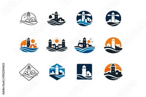 Coastal town. Icon set. Set Logo of coastal town: lighthouse by the sea. harmonious logo variations of the same emblematic concept, each with different