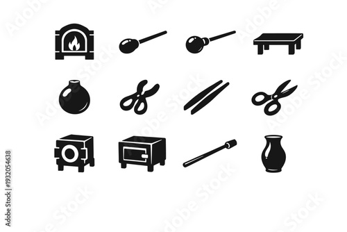 Glassblowing Art. Solid icon set of Glassblowing Art: glass furnace, molten glass gather, blowpipe, marver table, glass bubble, jacks tool, tweezers tool,