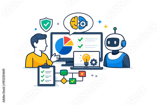 Collaborative decision making with AI highlighting shared insights and human oversight in complex tasks. A structured and reassuring scene expressing control,