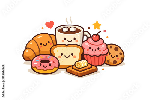 Cute bakery products centered on cozy sweetness with smiling bread and pastry characters arranged in a small display, creating a warm and inviting mood. A