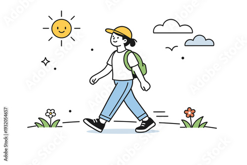 Sunny days outdoor walk. A relaxed scene of a person walking under the sun, enjoying clear weather and open space. Easy movement, cheerful calm atmosphere,