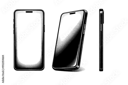 Smartphone front view A modern smartphone with slim bezels, flat glass screen, and rounded corners shown from front, angled, and side views as a single object