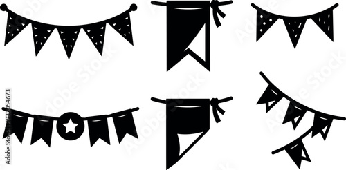 Flat design close up hanging bunting pennants and triangular flags on string with star medallion isolated black silhouette vector illustration