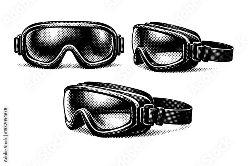 Protective safety goggles displayed in front, side, and three-quarter views in one composition, focusing on lens curvature and elastic strap with realistic