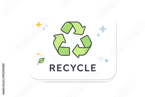 Recycling label design. A minimal recycling symbol presented as a clear label or badge, suitable for packaging or instructions. The feeling is precise and