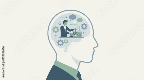 Self-Control and Mental Process Concept Illustration of a Human Head with a Businessman at a Control Panel Managing Thoughts, Gears, and Decisions for Discipline and Emotional Intelligence