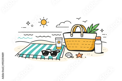 Tropical vacation. A friendly editorial scene showing beach essentials like a towel, bag, and sunglasses near the sea. The mood feels light, organized, and