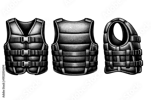 Life jacket personal flotation device presented in front, back, and side views in one composition, detailing straps, buckles, and segmented padding with
