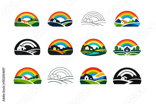 A vibrant rainbow arching over a peaceful countryside after a rainstorm. Icon set. Set Logo of a vibrant rainbow arching over a peaceful countryside after a