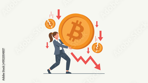 Businesswoman Struggling to Hold Large Bitcoin Coin During Cryptocurrency Market Crash with Falling Red Arrows and Broken Coins, Concept of Financial Loss and High Investment Risk in Crypto Market