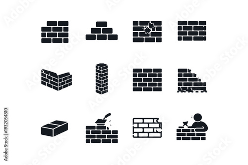 Brick Wall. Solid icon set of Brick Wall: brick wall, stacked bricks, cracked brick wall, brick pattern, brick corner, brick pillar, brick texture square,