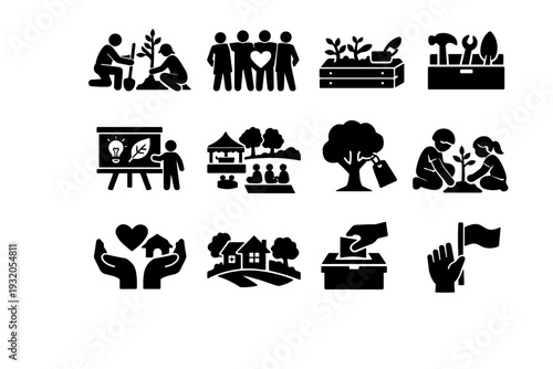 Community environment. Solid icon set of Community environment: neighbors planting trees, volunteer group, community garden, shared tools, eco workshop, city