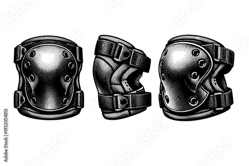 Knee protection pads presented in front, side, and three-quarter views within one composition, highlighting ergonomic shell shape, straps, and cushioning with