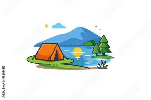 Camping summer lakeside rest visualized with a tent near calm water and a small sun reflection, evoking relaxation, silence and natural balance. Minimalist