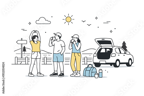 Summer road trip roadside stop. People stretching and drinking coffee near a car at a scenic stop, surrounded by nature and open sky. Slow pause and refreshing