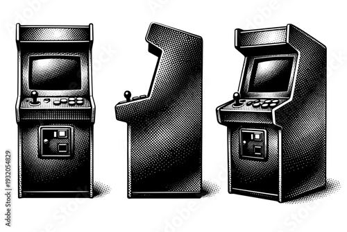 Arcade machine A realistic classic arcade machine shown as a single object in three views including front, side, and angled perspective, highlighting screen,
