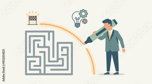 Businessman Drawing a Workaround Line to Bypass a Complex Maze and Reach the Finish Line Flag, Representing Creative Problem Solving, Innovation, Efficiency, and Strategic Business Solutions.