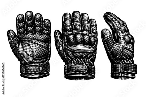 Protective work gloves shown in palm, back, and side views within one composition, emphasizing stitching, reinforced knuckles, and realistic material