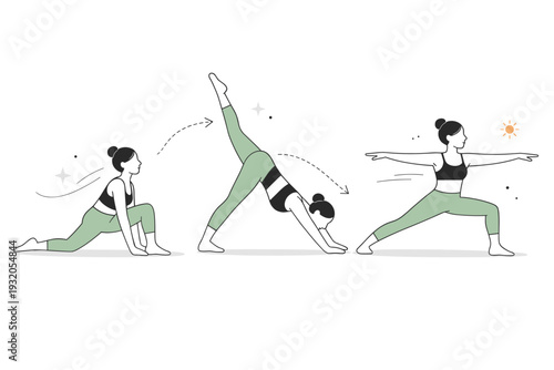 Yoga flow movement. A minimal editorial scene capturing a smooth transition between poses using light motion accents. Fluidity, rhythm, and mindful movement