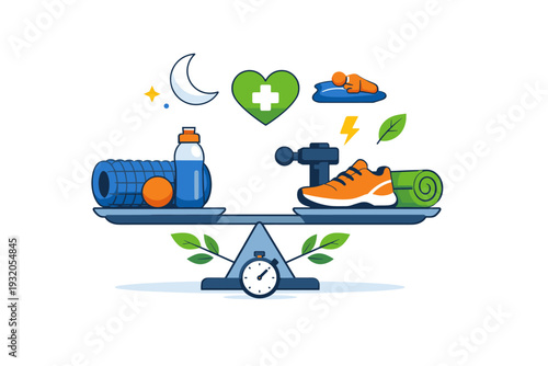 Sports recovery tools depicted as a balanced visual metaphor combining simple wellness symbols that highlight rest, care and sustainable athletic performance.