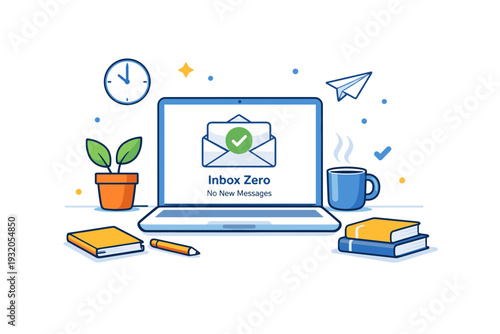 Inbox zero culture centered on a calm workspace with an empty email inbox and subtle checkmark symbols, conveying clarity, control, and mental relief through