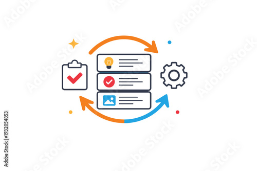 Knowledge workflow automation concept highlighting efficiency with repeating blocks and sync symbols suggesting seamless capture organization and reuse of