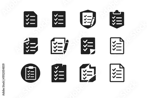 Software testing checklist. Icon set. Set Logo of checklist: checklist document. harmonious logo variations of the same emblematic concept, each with different
